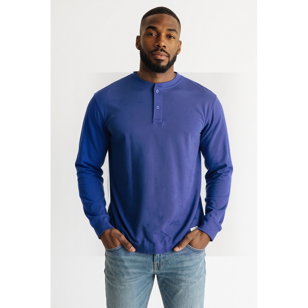 Eddie Bauer Mens Royal Blue Long Sleeve Henley Shirt 100% Cotton Large L